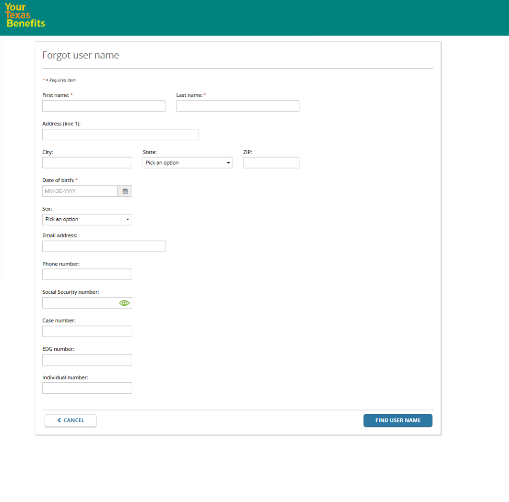 YourTexasBenefits Reset username